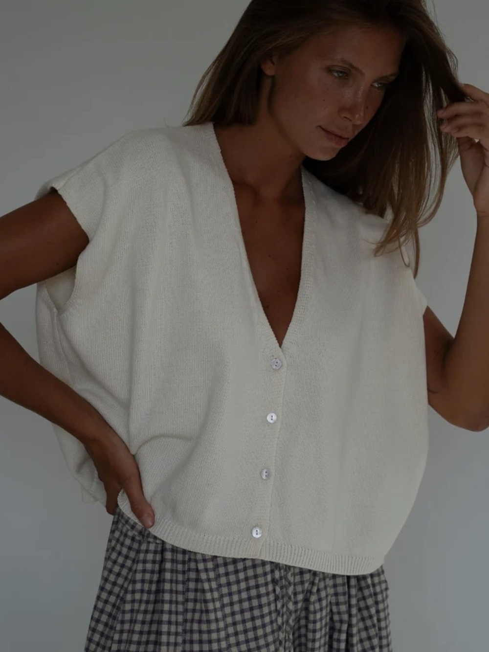 Avy & Co CELINE - CREAM BUTTONED KNIT TOP